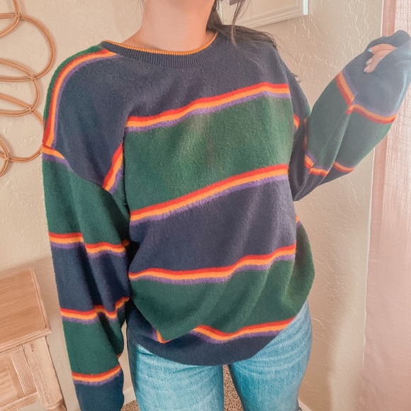 Vintage Sweaters - Vintage Stripe 80s Acrylic Dad Grandpa Cozy Soft Big Comfy Academia Sweater